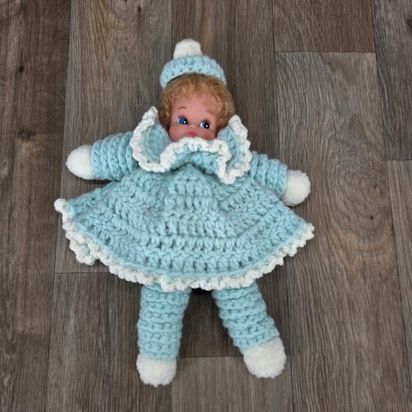 Vintage Handmade Crochet Doll Aqua Blue Outfit Plastic Face Stuffed Toy - Picture 1 of 6